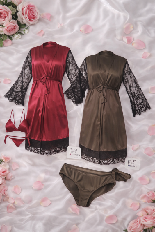 Satin Lace Robe Nightwear – 2 Piece Set
